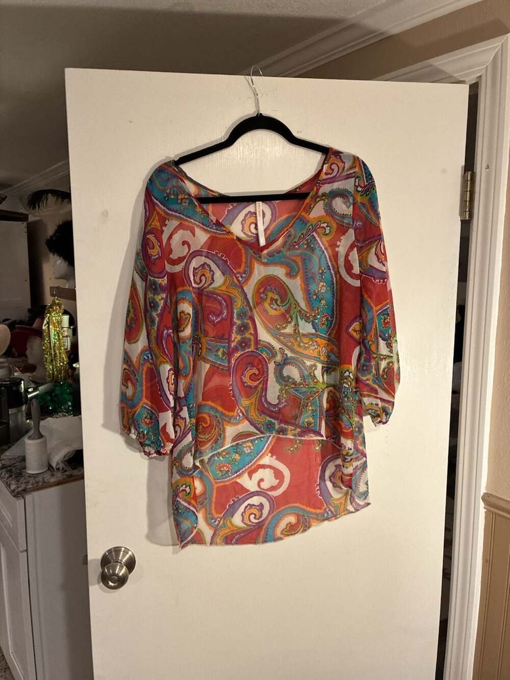 Renee C. Colorful Paisley Print Sheer 3/4 Sleeve V-Neck High Low Tunic Blouse